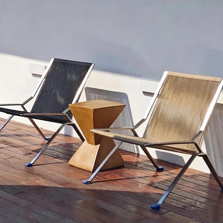 Designer Folding Lounge Chair, 2‑Color Option Black & Beige, Stainless Steel Frame, Olefin Rope Weave, Indoor Outdoor Accent Chair