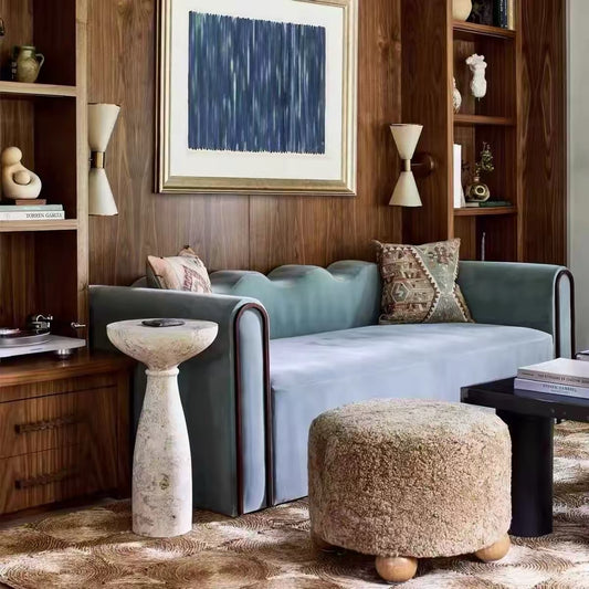 MOMO French Boucle Round Ottoman | Teddy Fabric Upholstered Footstool with Walnut Ball Feet - alternate view 4