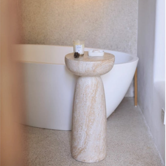 MOMO Travertine-Effect Pedestal Side Table | Monolithic Mushroom Column in Faux Stone - alternate view 3