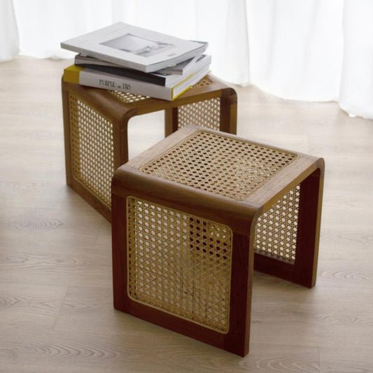 Modern Rattan‑Woven Side Table Styled With Books & Decor Vases, Walnut Finish Solid Ash Wood End Table For Living Space