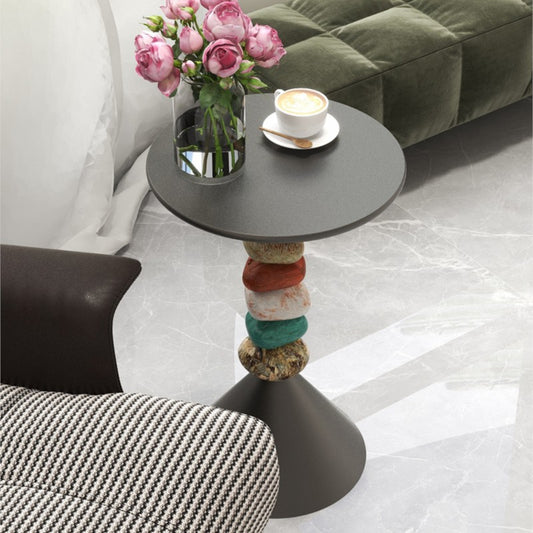MOMO Stacked Stone Side Table | Round Iron Top with Natural Pebble Column & Cone Base - alternate view 4