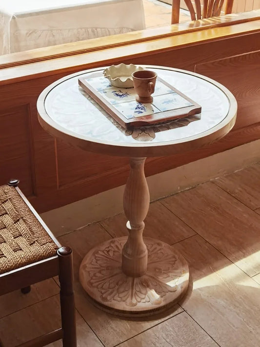 MOMO French Retro Carved Round Side Table | Hand-Carved Solid Wood with Glass Top - alternate view 4