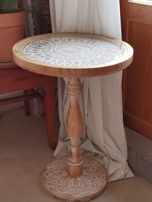 MOMO French Retro Carved Round Side Table | Hand-Carved Solid Wood with Glass Top - alternate view 6