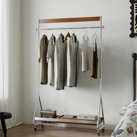 MOMO Wood & Stainless Steel Coat Rack | Rolling Floor Hanger with Storage Shelf - alternate view 3