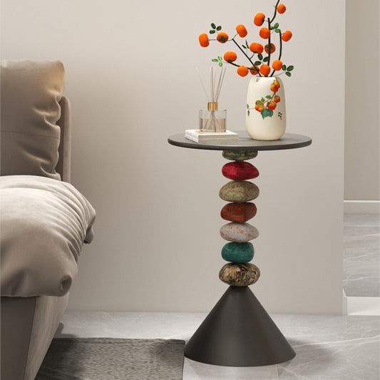 MOMO Stacked Stone Side Table | Round Iron Top with Natural Pebble Column & Cone Base - alternate view 5