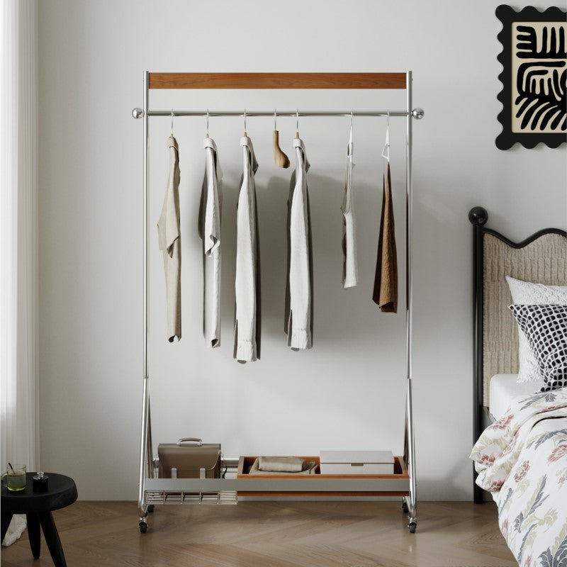 MOMO Wood & Stainless Steel Coat Rack | Rolling Floor Hanger with Storage Shelf - alternate view 5