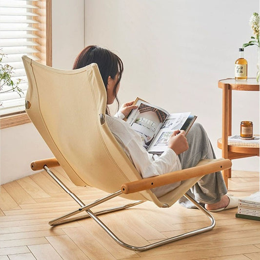 MOMO Japanese Canvas Sling Lounge Chair | Solid Wood Arms & Stainless Steel Folding Frame - alternate view 6