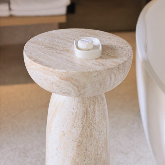 MOMO Travertine-Effect Pedestal Side Table | Monolithic Mushroom Column in Faux Stone - alternate view 6