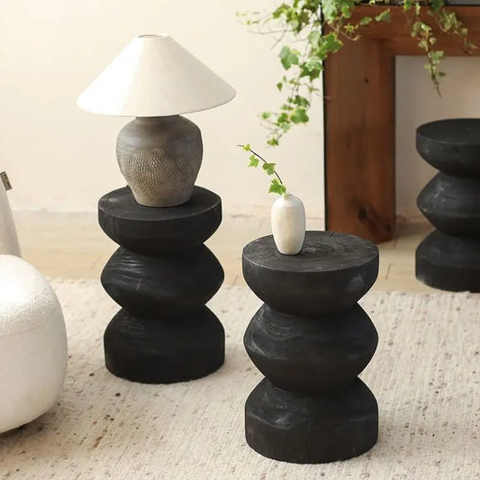 MOMO Wabi-Sabi Solid Wood Stool | Sculptural Wave Side Table & Low Seat