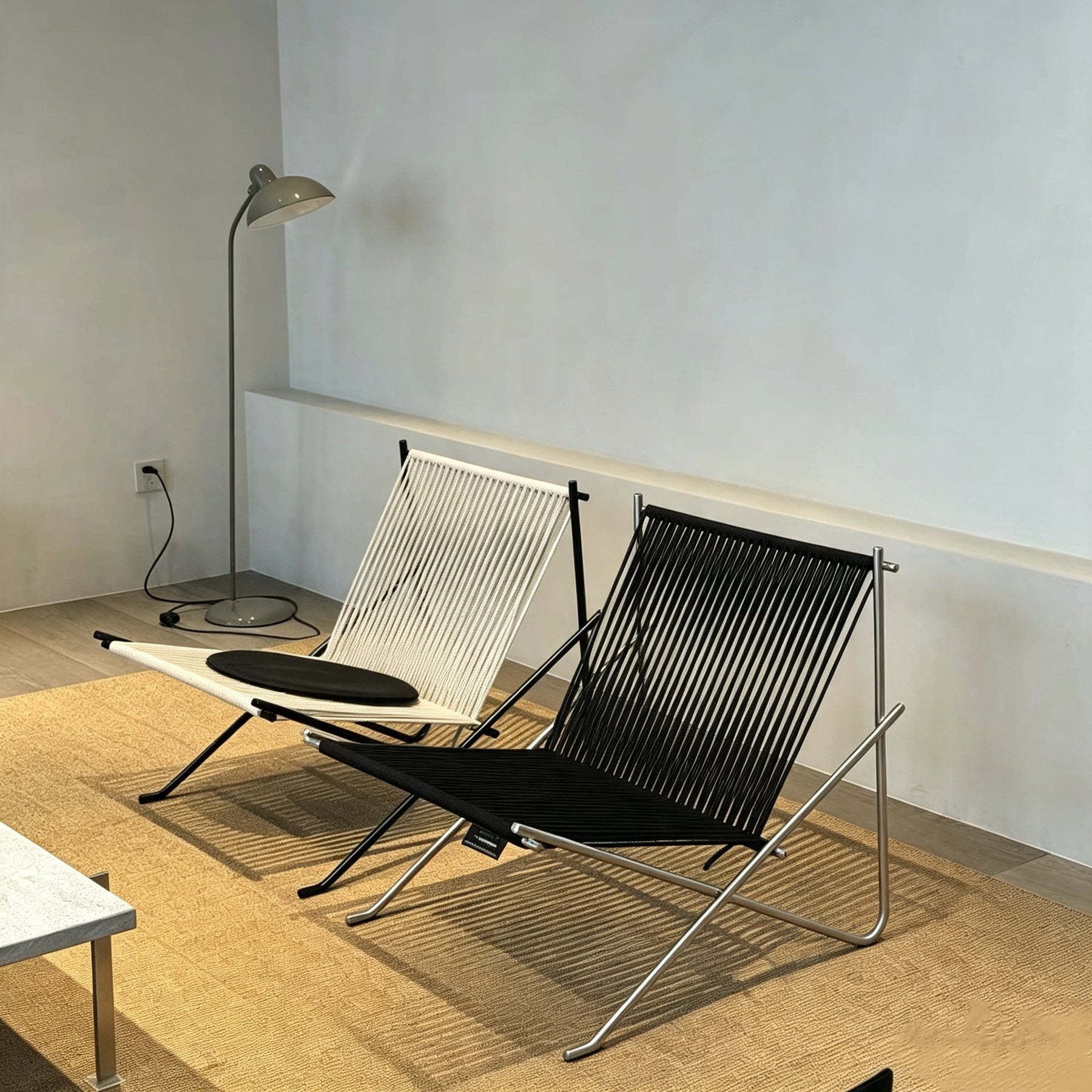 Minimalist woven folding lounge chair, curated unique designer furniture for balcony living room home decor
