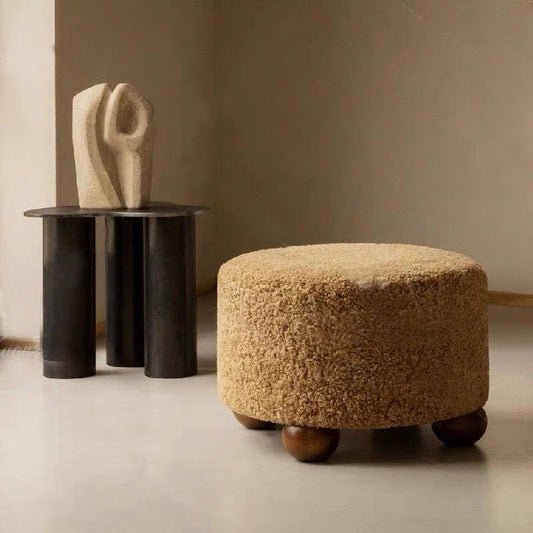 MOMO French Boucle Round Ottoman | Teddy Fabric Upholstered Footstool with Walnut Ball Feet