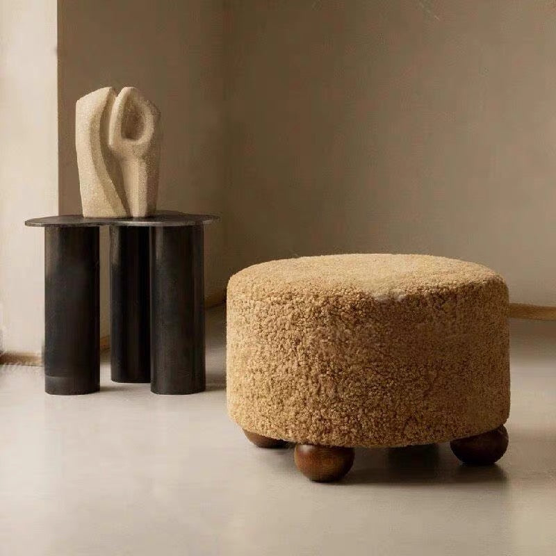 MOMO French Boucle Round Ottoman | Teddy Fabric Upholstered Footstool with Walnut Ball Feet