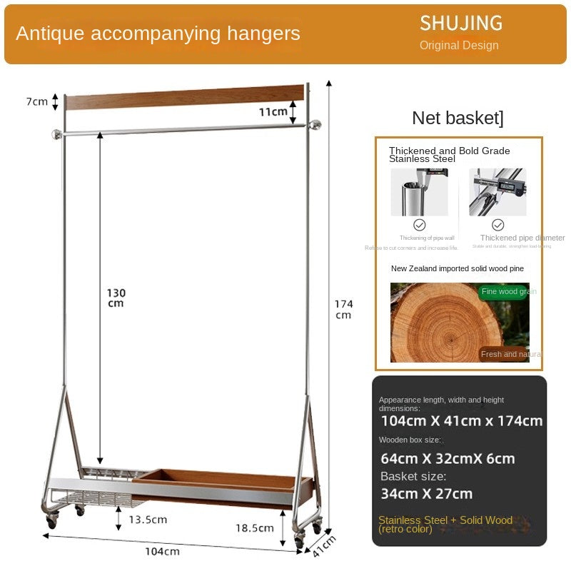 MOMO Wood & Stainless Steel Coat Rack | Rolling Floor Hanger with Storage Shelf - alternate view 7