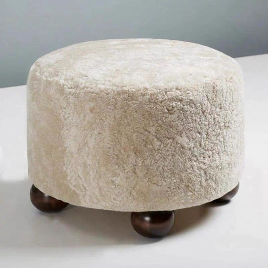 MOMO French Boucle Round Ottoman | Teddy Fabric Upholstered Footstool with Walnut Ball Feet - alternate view 3