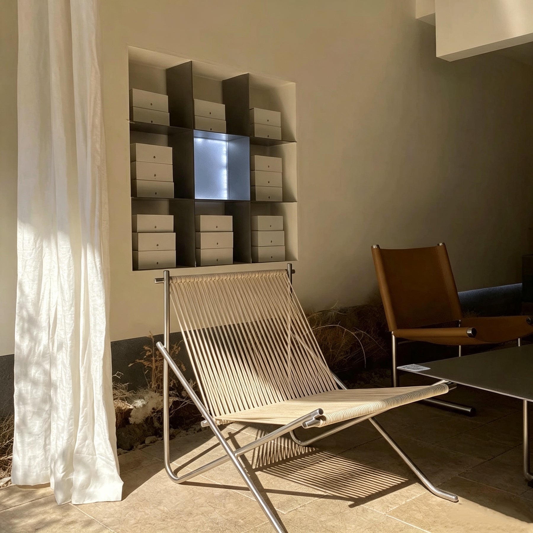 Modern woven folding chair, minimalist outdoor indoor lounge seat, curated unique home furniture