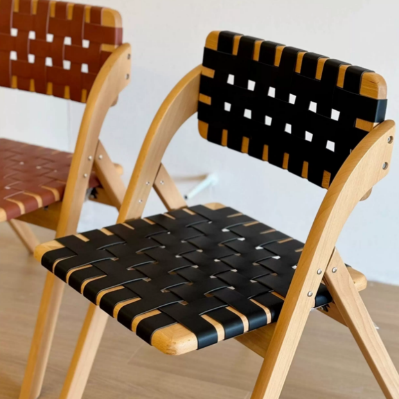 Solid Wood Folding Dining Chair with Saddle Leather Seat