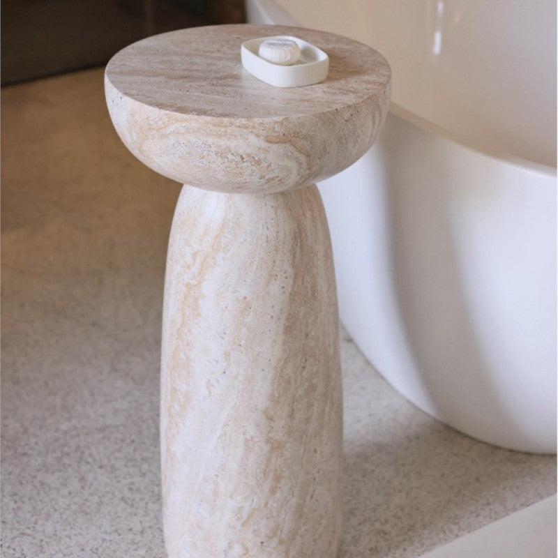 MOMO Travertine-Effect Pedestal Side Table | Monolithic Mushroom Column in Faux Stone