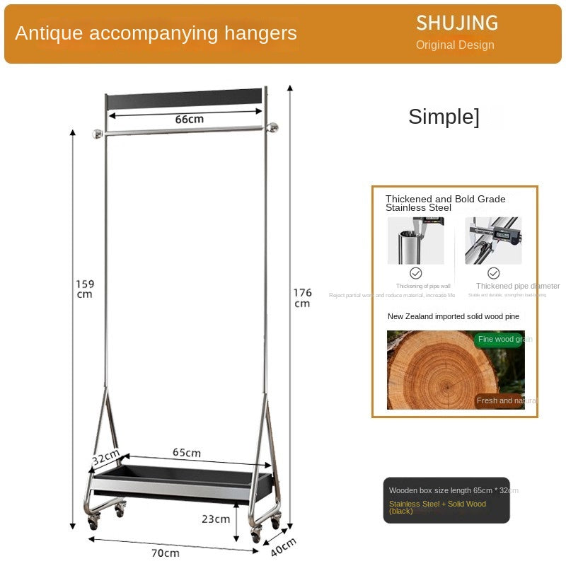 MOMO Wood & Stainless Steel Coat Rack | Rolling Floor Hanger with Storage Shelf - alternate view 10