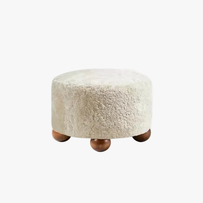MOMO French Boucle Round Ottoman | Teddy Fabric Upholstered Footstool with Walnut Ball Feet - alternate view 2