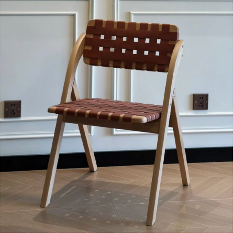 Solid Wood Folding Dining Chair with Saddle Leather Seat