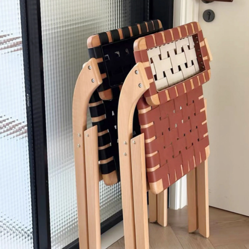 Solid Wood Folding Dining Chair with Saddle Leather Seat