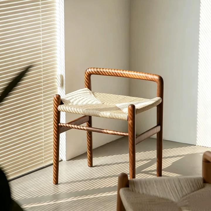 Minimalist solid beech wood accent stool with hand‑woven natural rope seat, Scandinavian style home decor