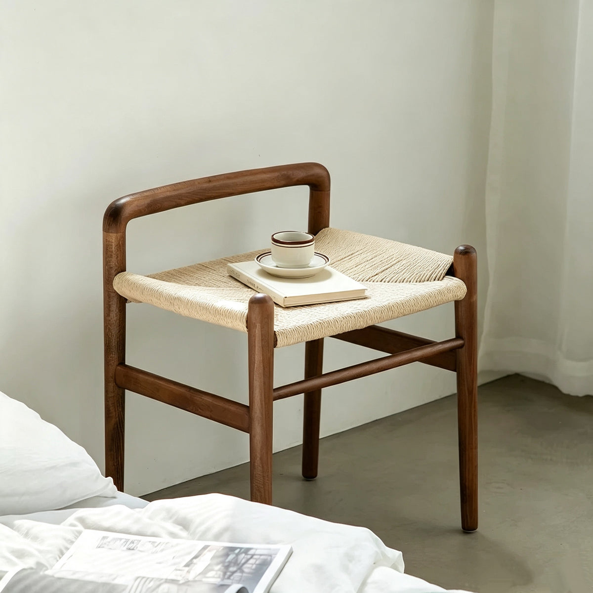 Minimalist solid beech wood accent stool with hand‑woven natural rope seat, Scandinavian style home decor
