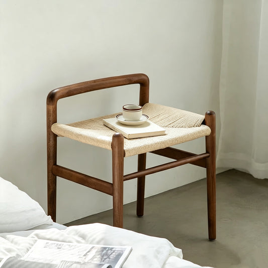 Minimalist solid beech wood accent stool with hand‑woven natural rope seat, Scandinavian style home decor