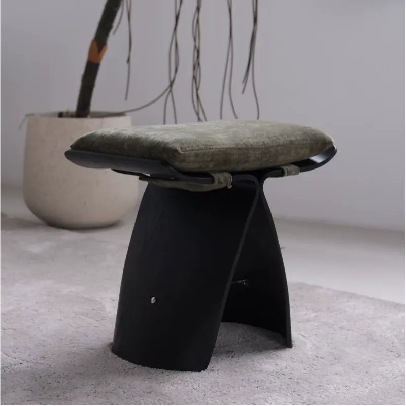 French Mid-Century Solid Wood Upholstered Butterfly Stool