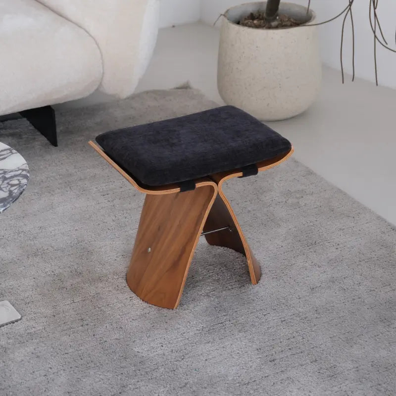 French Mid-Century Solid Wood Upholstered Butterfly Stool