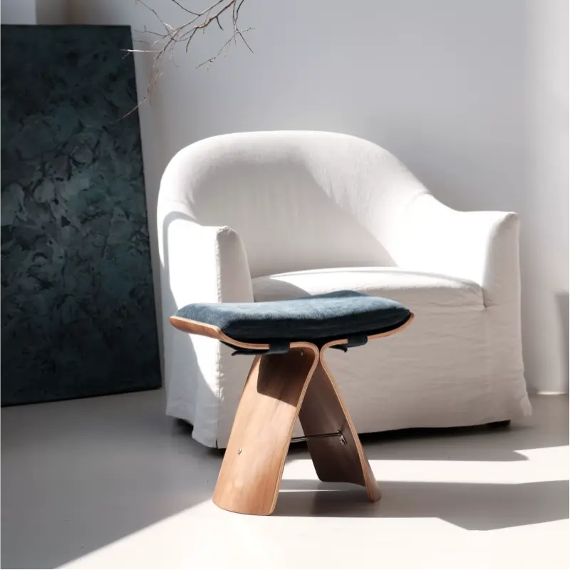 French Mid-Century Solid Wood Upholstered Butterfly Stool