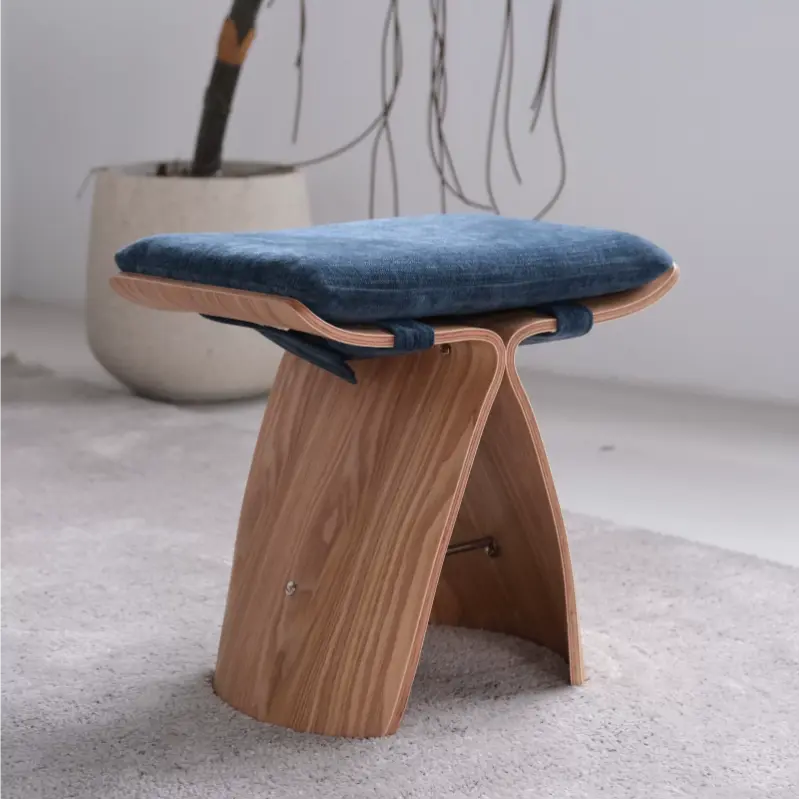 French Mid-Century Solid Wood Upholstered Butterfly Stool