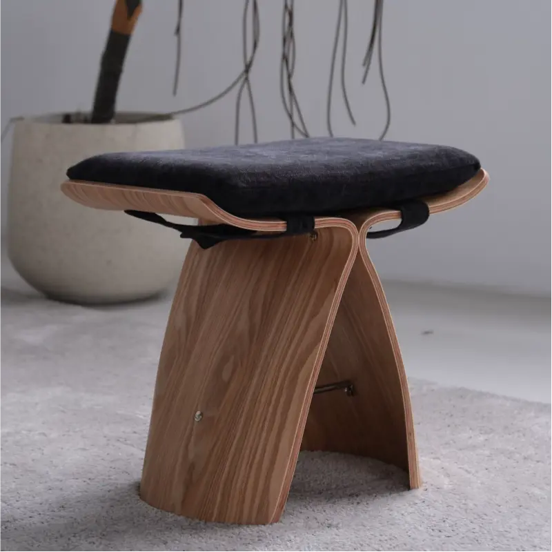 French Mid-Century Solid Wood Upholstered Butterfly Stool
