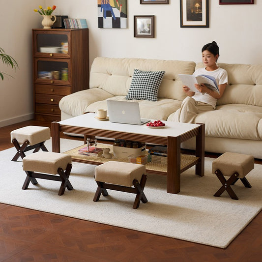 MOMO X-Frame Upholstered Low Stool | Thai Rubber Wood with Linen Cushion Seat - alternate view 5