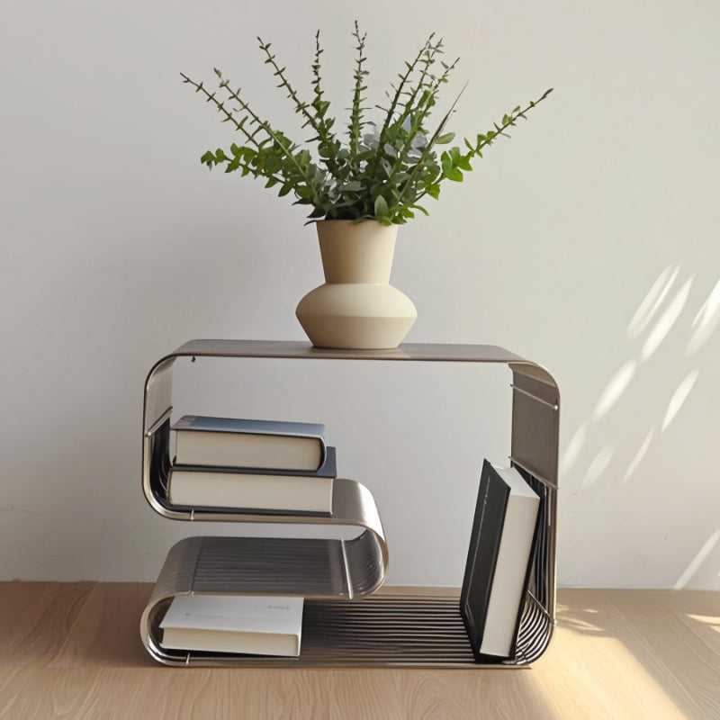 304 stainless steel wire-grid side table with curved built-in magazine rack, product view