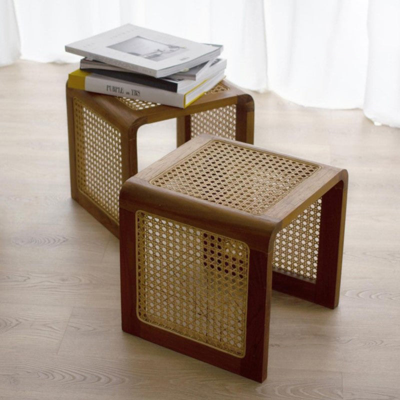 Modern Rattan‑Woven Side Table Styled With Books & Decor Vases, Walnut Finish Solid Ash Wood End Table For Living Space