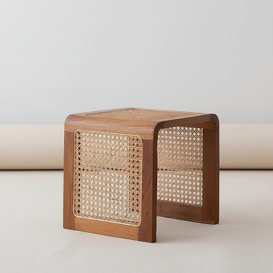 Minimalist Square Rattan Cane Side Table, Solid Ash Wood Frame, Modern Accent Nightstand For Home Decor