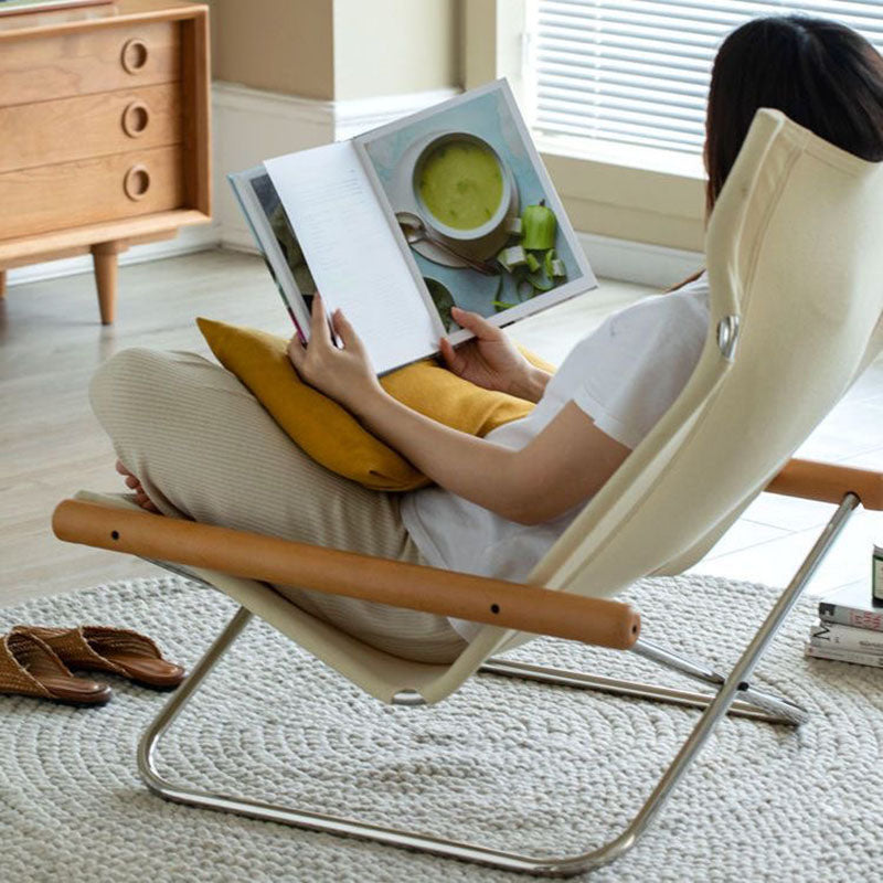 MOMO Japanese Canvas Sling Lounge Chair | Solid Wood Arms & Stainless Steel Folding Frame