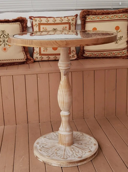 MOMO French Retro Carved Round Side Table | Hand-Carved Solid Wood with Glass Top - alternate view 3