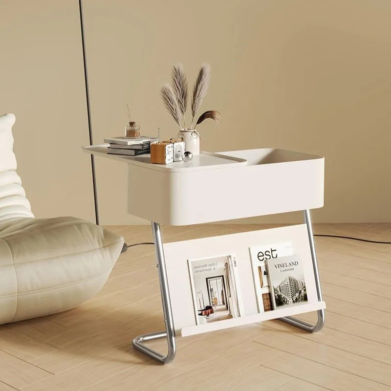MOMO Storage Side Table with Magazine Rack | Z-Frame Chrome & Cream