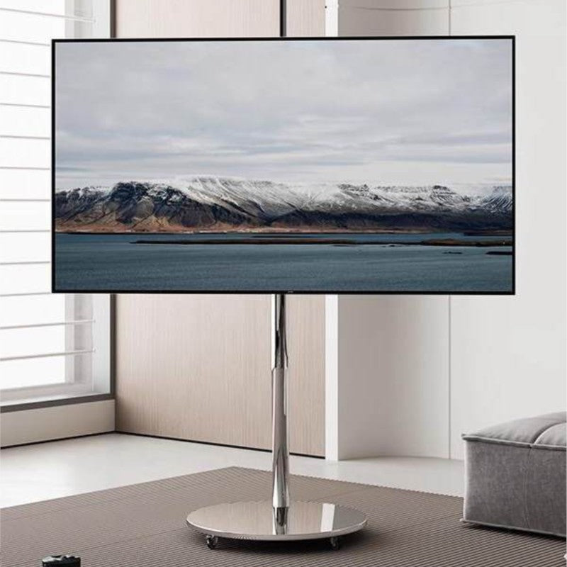 MOMO Mobile Television Stands | Mirror-Polish Stainless Steel Single-Column with Round Base & Wheels - alternate view 3