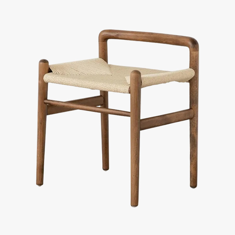 Light walnut solid beech wood stool, natural woven rope seat with dimension markers, product white background shot
