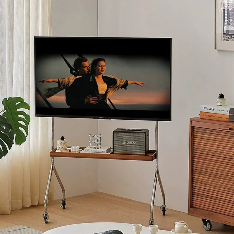 MOMO Mobile Television Stands | Stainless Steel Floor Stand with Walnut Shelf & Wheels
