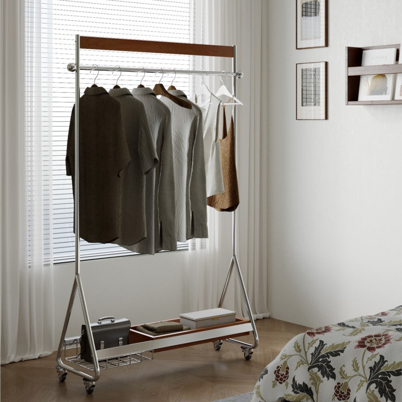 MOMO Wood & Stainless Steel Coat Rack | Rolling Floor Hanger with Storage Shelf
