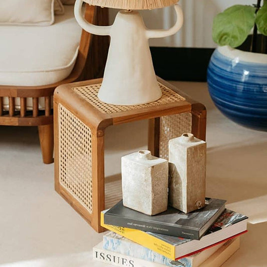 Natural Rattan Cane Square Side Table, Walnut Ash Wood Frame Beside Sofa With Ceramic Vase Decor
