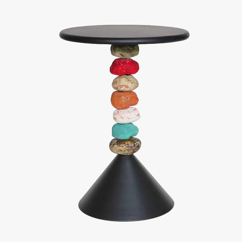MOMO Stacked Stone Side Table | Round Iron Top with Natural Pebble Column & Cone Base - alternate view 2