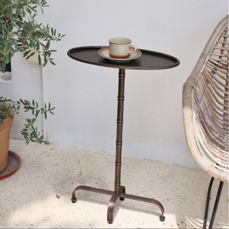 MOMO Antique Oval Side Table | Bamboo-Knot Iron Pedestal with Tripod Arch Base