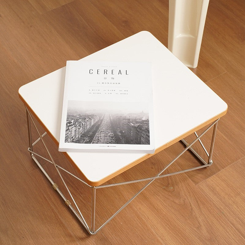 MOMO Wire-Base Side Table | Eames-Inspired Plywood Top with Chrome Cross-Wire Frame