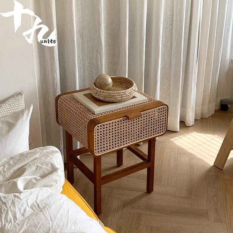 MOMO Rattan Solid Wood Bedside Table | Handwoven Korea INS Style