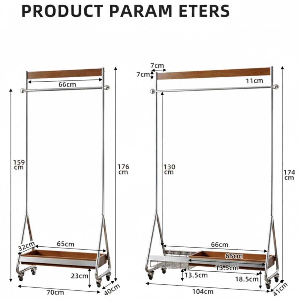 MOMO Wood & Stainless Steel Coat Rack | Rolling Floor Hanger with Storage Shelf - alternate view 6